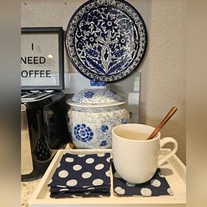 Handmade Blue Polka Dot Cotton Washable Reusable Square Set Of 6 Fabric Caosters